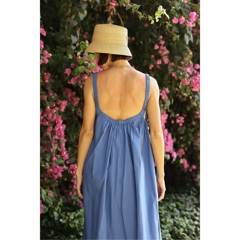 Maison Marigold Laguna Maxi Dress Blue Cotton Poplin Low Back Sundress L - Picture 2 of 10
